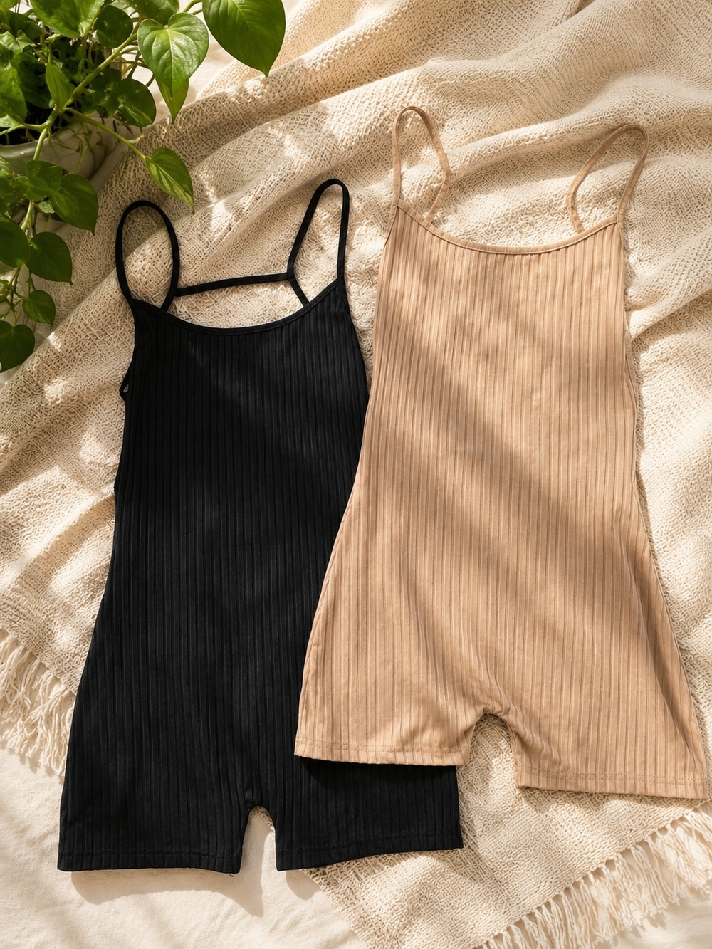 SHEIN Brown Ribbed Spaghetti Strap Romper